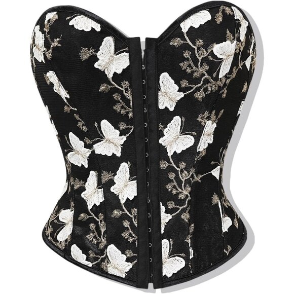 Women Black Floral  Lace Up Boned Overbust Corset Top Bustier Lingerie Bodysuit - Picture 1 of 6